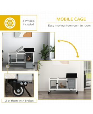 Wooden Rabbit Hutch with Wheels for Small Animals, Guinea Pig,