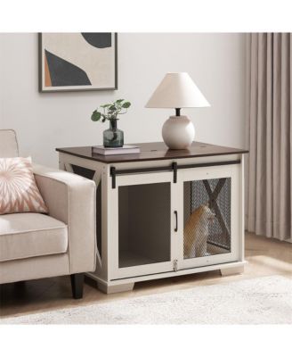 White Farmhouse Dog Kennel End Table with Barn Door Flip Top and Divider