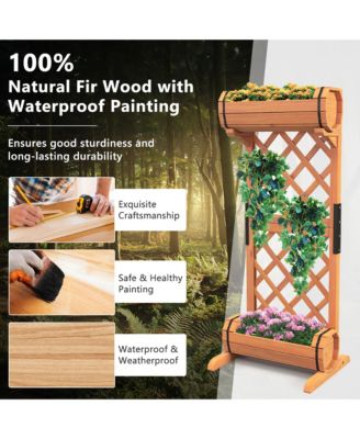 2-Tier Raised Planter Garden Wooden Bed w/ 2 Cylindrical Planter Boxes