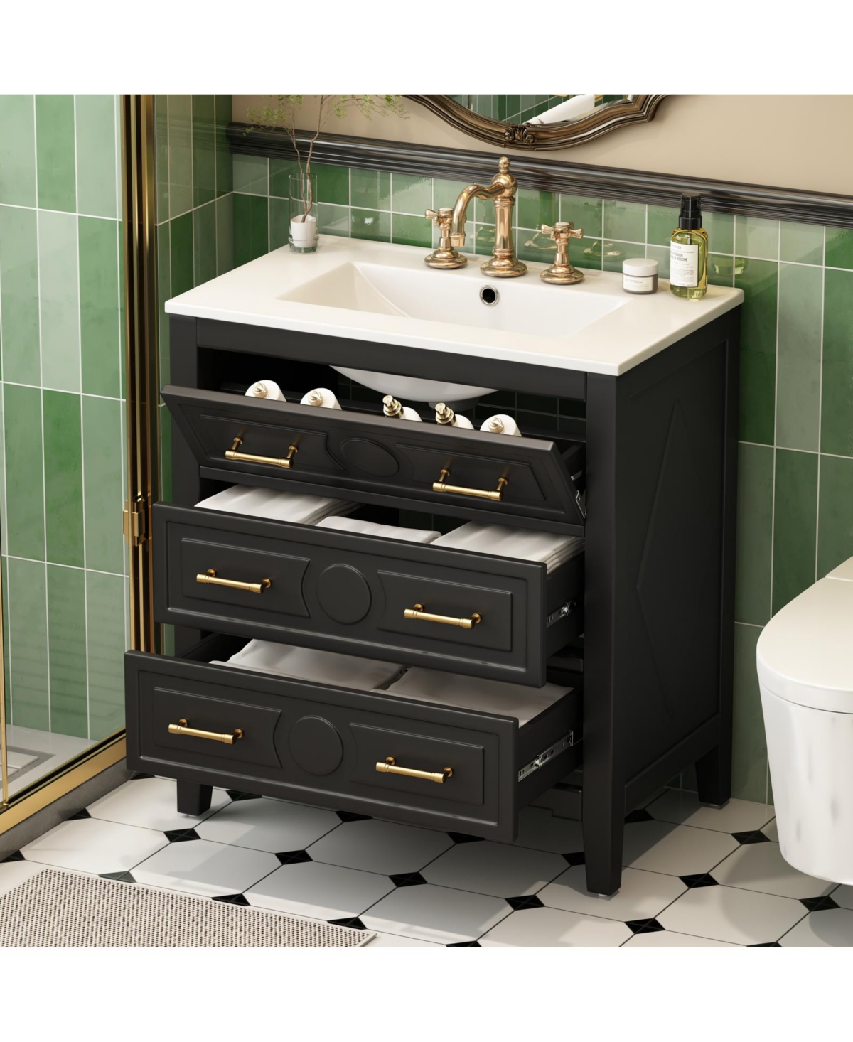 Casainc 30" Freestanding Vanity With Ceramic Sink Combo and 3 Drawers, Solid Wood Frame