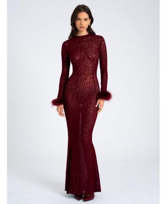 Women's Patricia Burgundy Leopard Burnout Velvet Mesh Backless Maxi Dress