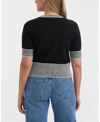 Women's V-Neck Short Sleeve Knit Cardigan with Contrast Tipping