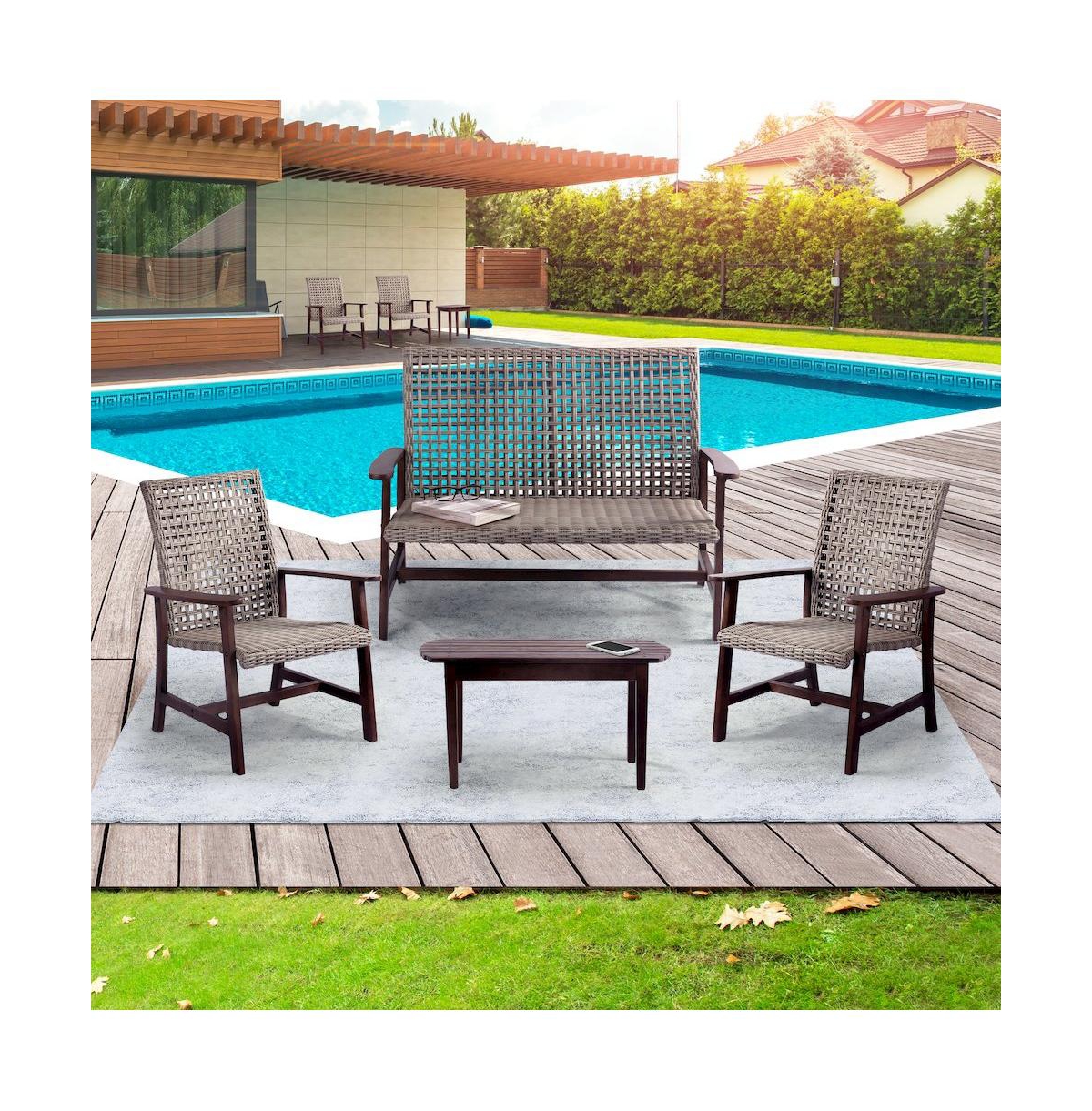 Jiallo Pine Wood And Wicker Rattan - Conversation Set Armchair