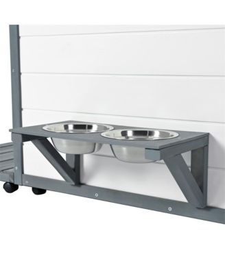 44.1 in. Outdoor Wooden Dog house with Food bowl, 4 swivel wheels in Gray