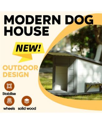 44.1 in. Outdoor Wooden Dog house with Food bowl, 4 swivel wheels in Gray