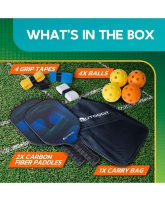 Outdoor Cruiser pickleball set with 2 USAPA approved fiberglass paddles, 4 balls, grip tapes & carry bag—lightweight & durable design
