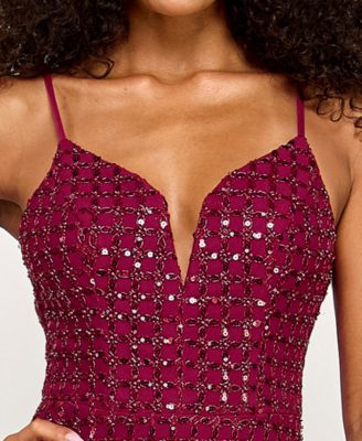 Juniors' Sequin Power Mesh Gown