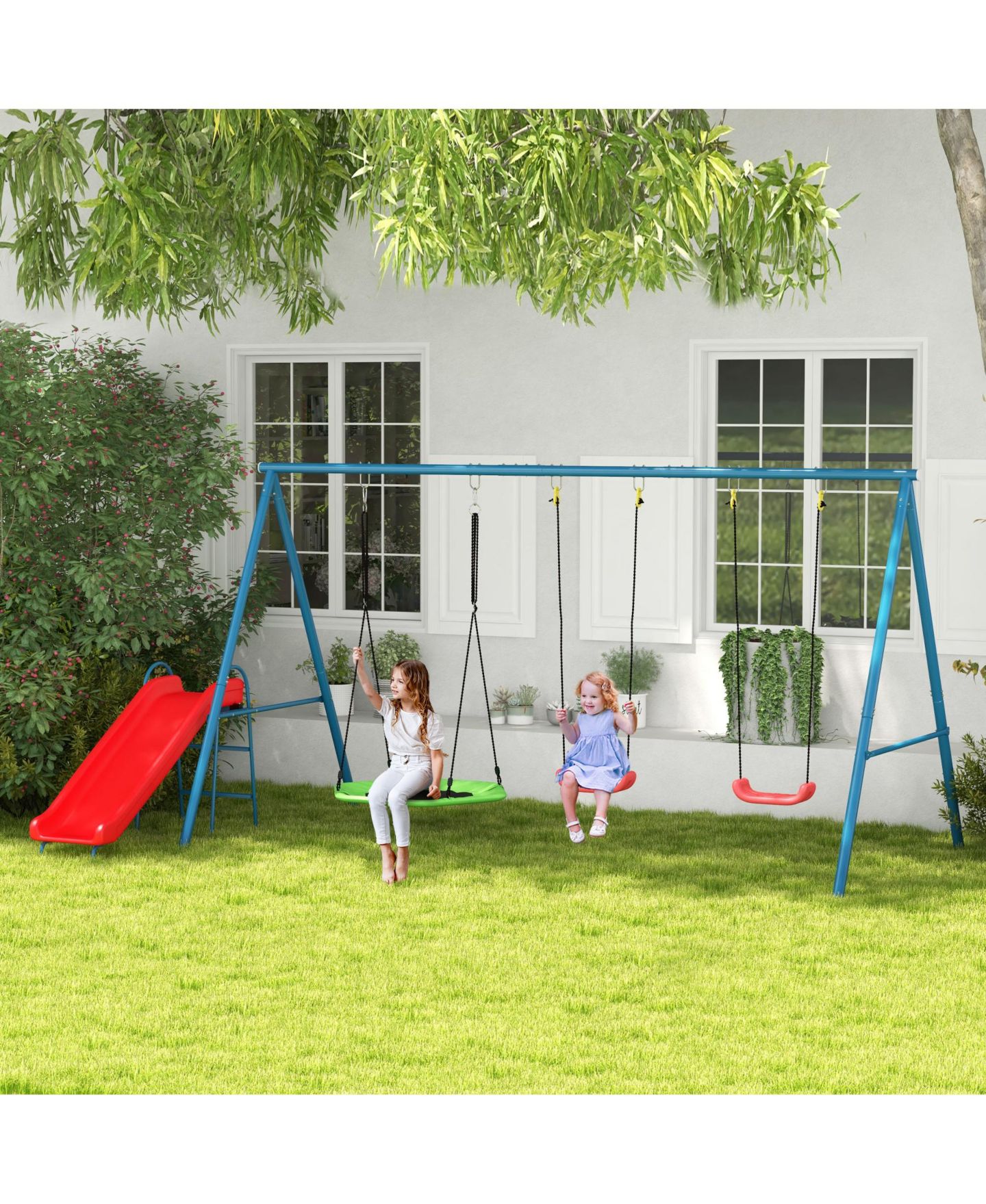 Детские игрушки Outsunny 3 in 1 Metal Swing Set with Nest Swing, Slide & Swing Seats, Holds Up to 352 lbs., Ages 3-10, цвет: Красный — фото 2