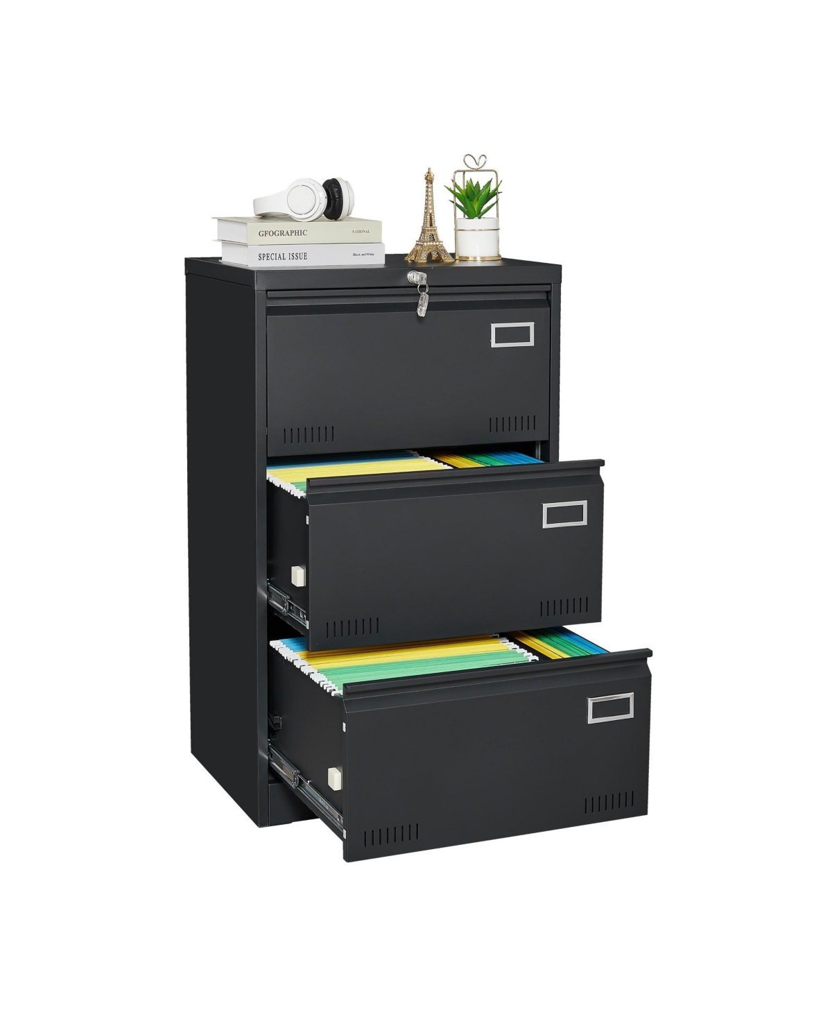 3 Drawer File Cabinet with Lock Metal Vertical Office Home, A4 Legal/Letter Narrow Locked