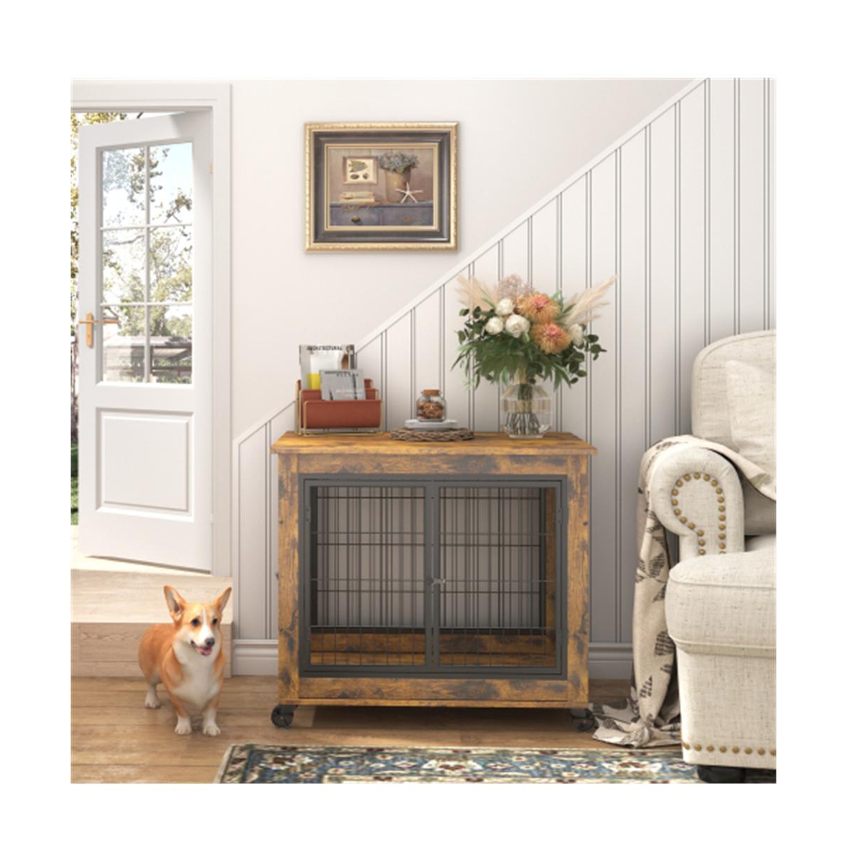 Aostirmotor Rustic Brown 31.50''W x 22.05''D x 25''H Dog Crate Table Wheels Double Doors Lift Top
