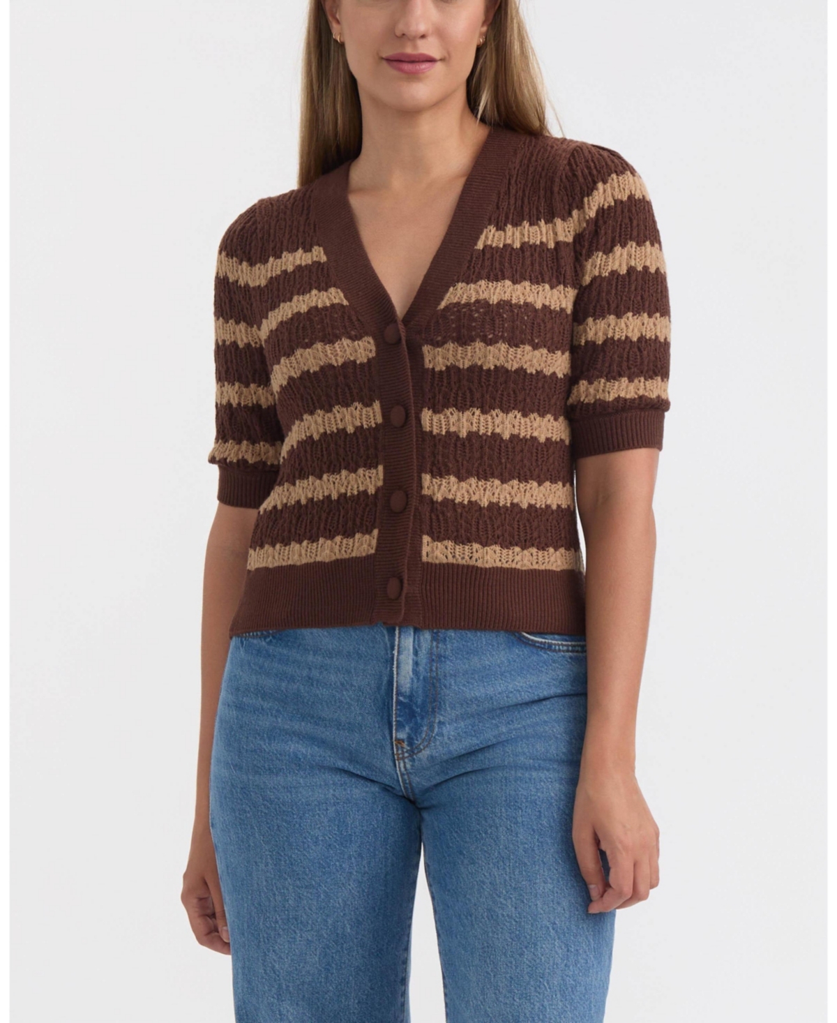 Ellen Tracy Women's Short Sleeve Crochet Cardigan In Brown