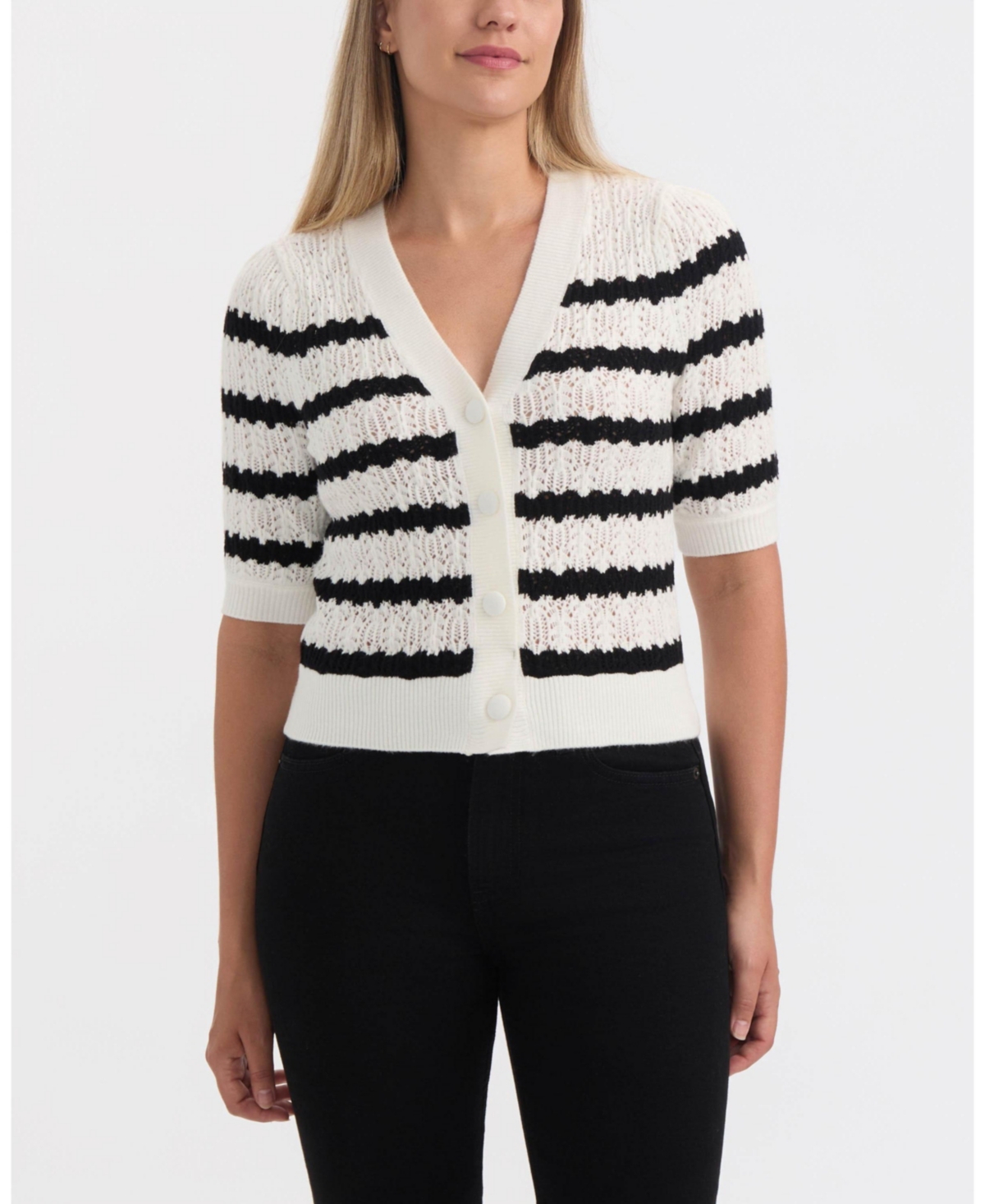 Ellen Tracy Women's Short Sleeve Crochet Cardigan In White