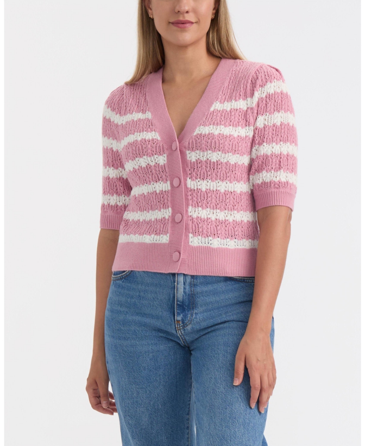Ellen Tracy Women's Short Sleeve Crochet Cardigan In Pink