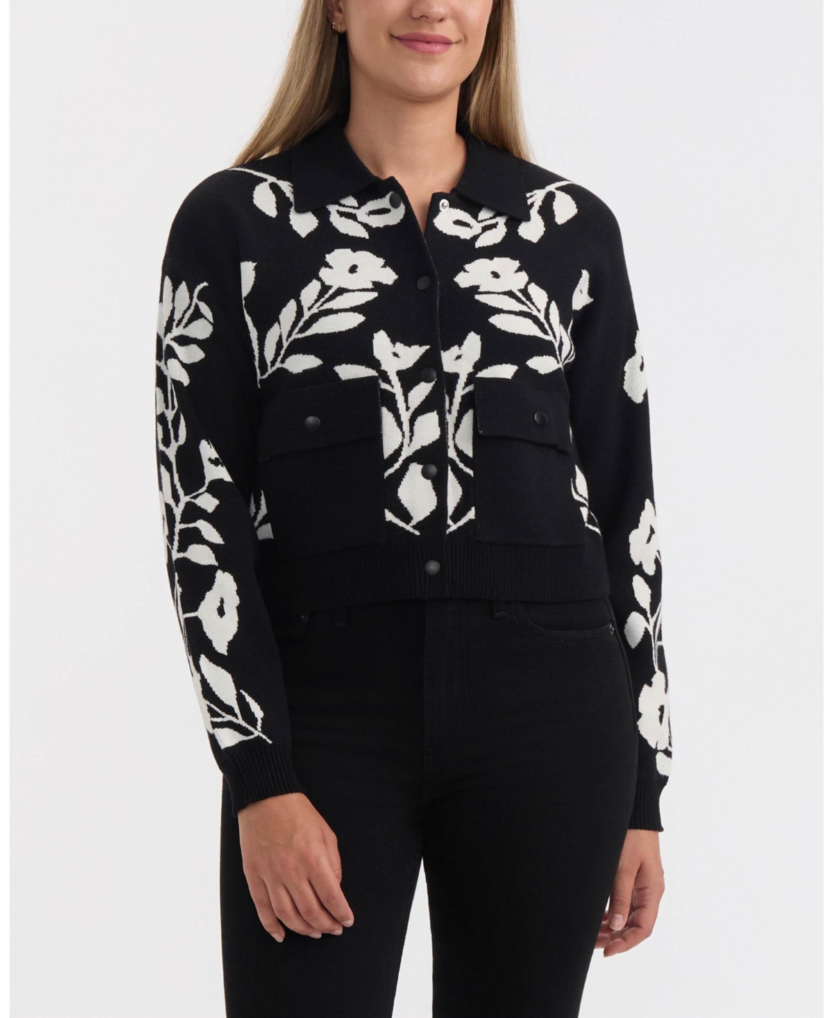 Ellen Tracy Floral Snap Front Crop Cardigan In Black