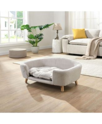 Beige Luxury Elevated Dog Bed Corduroy Pet Couch with Rubber Wood Legs for Small Dogs Easy Assembly