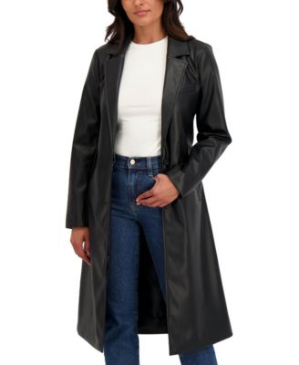 Women's Belted Snap Front Faux Leather Long Trench Coat