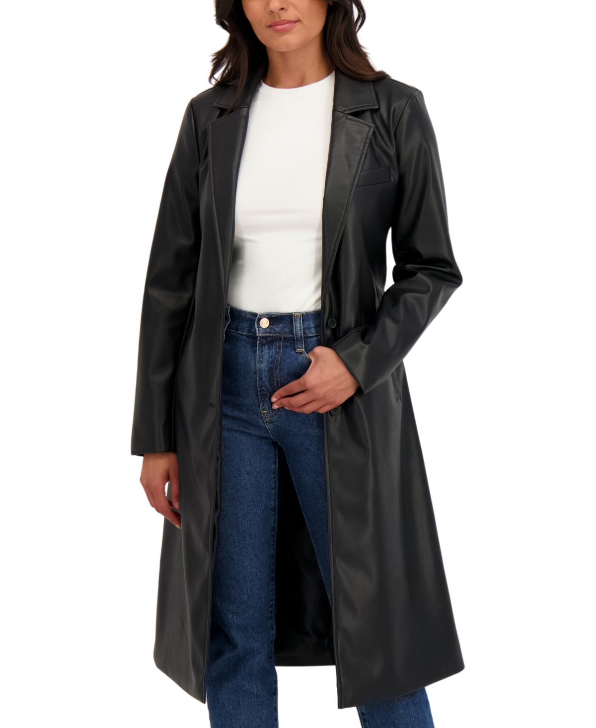 Sebby Collection Women's Belted Snap Front Faux Leather Long Trench Coat In Black