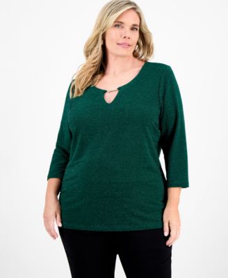 JM Collection - Plus Size Metallic Jacquard 3/4-Sleeve Top