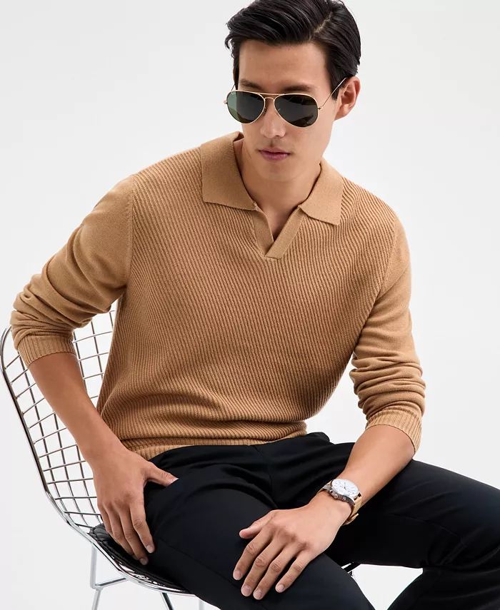 Men's Long Sleeve Textured Merino Polo Sweater