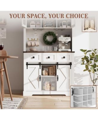 72" Pure White Farmhouse Bar Cabinet with Sliding Barn Door, Kitchen Buffet with Hutch, 3 Drawers, Wine & Glasses Rack