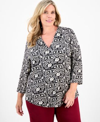 Plus Size Solid V-Neck 3/4-Sleeve Top