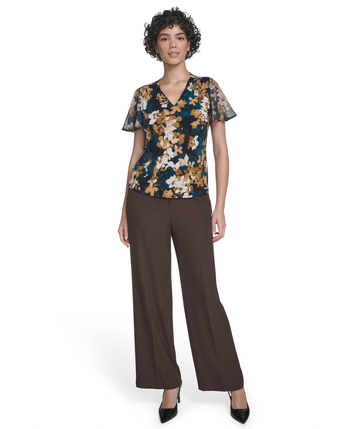 Calvin Klein Petite Printed V-neck Flutter Sleeve Top In Multi