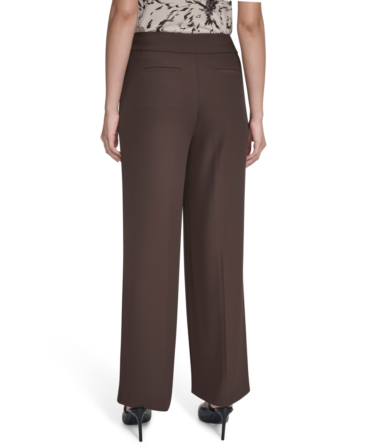 Calvin Klein Petite Solid Wide Leg Pants In Brown