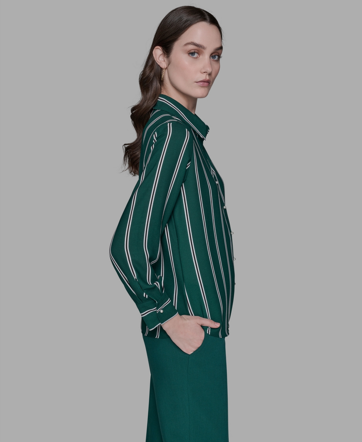 Karl Lagerfeld Women's Striped Faux-pearl Shirt In Green