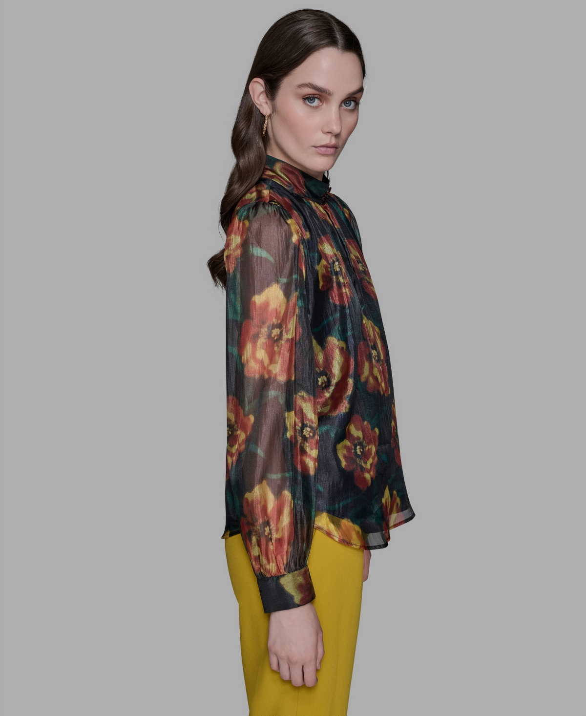 Karl Lagerfeld Women's Floral-print Mock-neck Blouse In Black