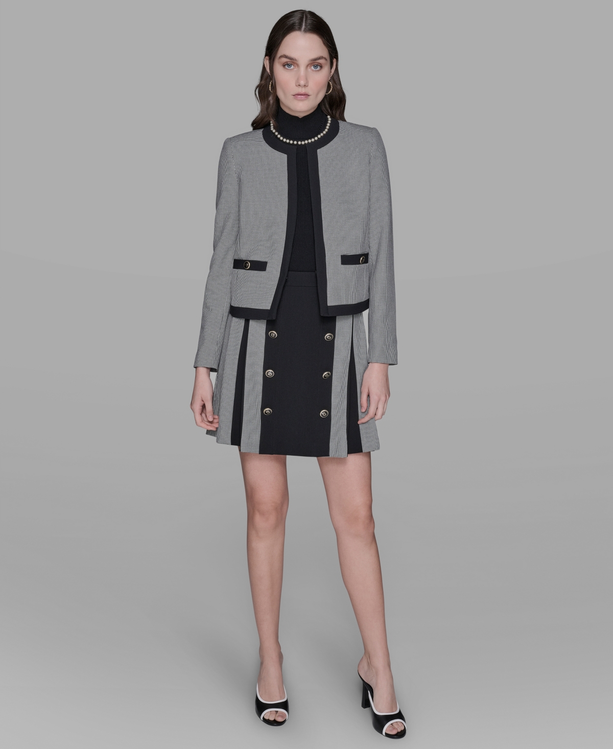 Karl Lagerfeld Womens Gingham Framed Jacket Pleated Skirt Bead Embellished Sleeveless Mock Neck Top In Gray