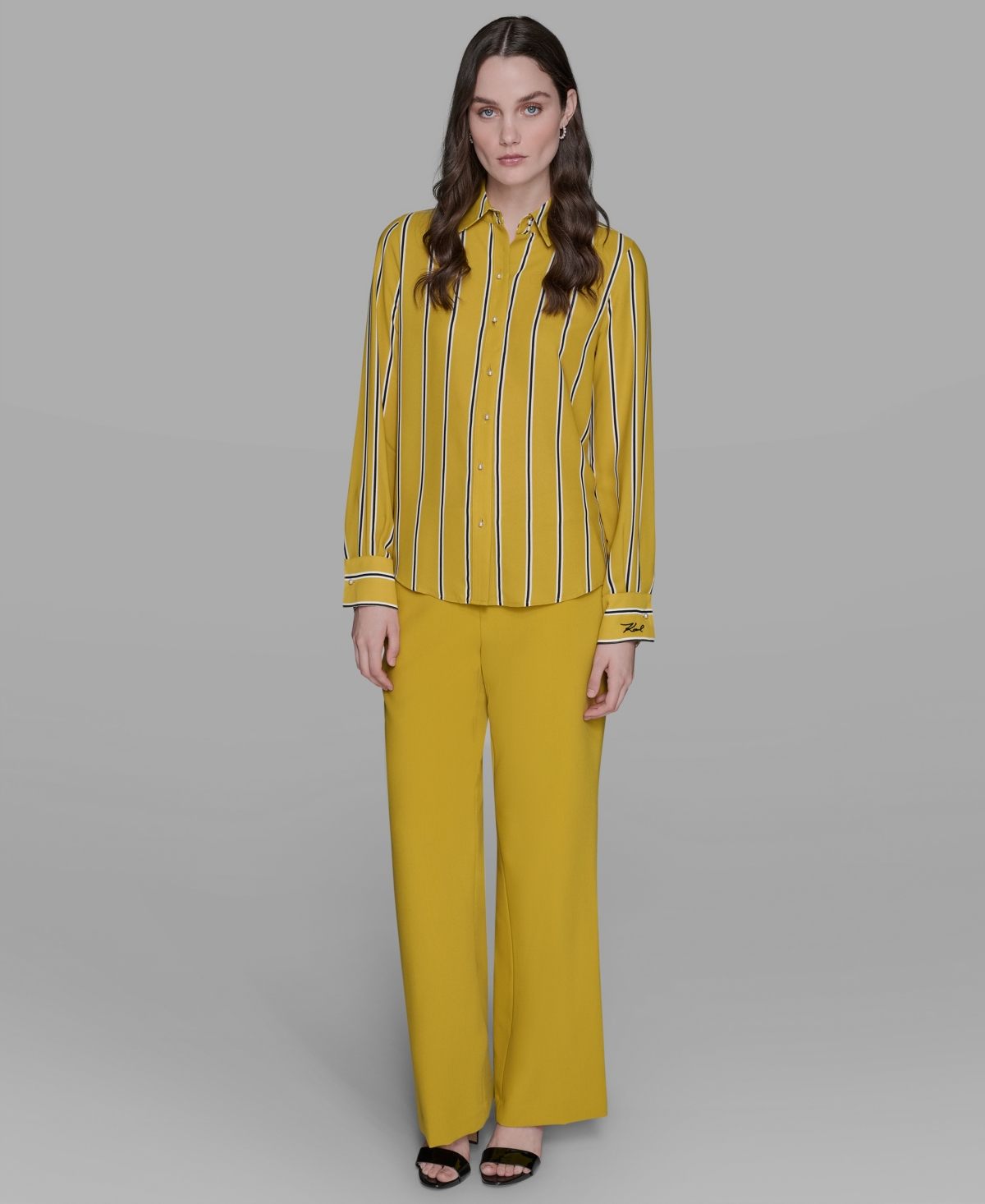 Karl Lagerfeld Women's Striped Faux-pearl Shirt In Yellow