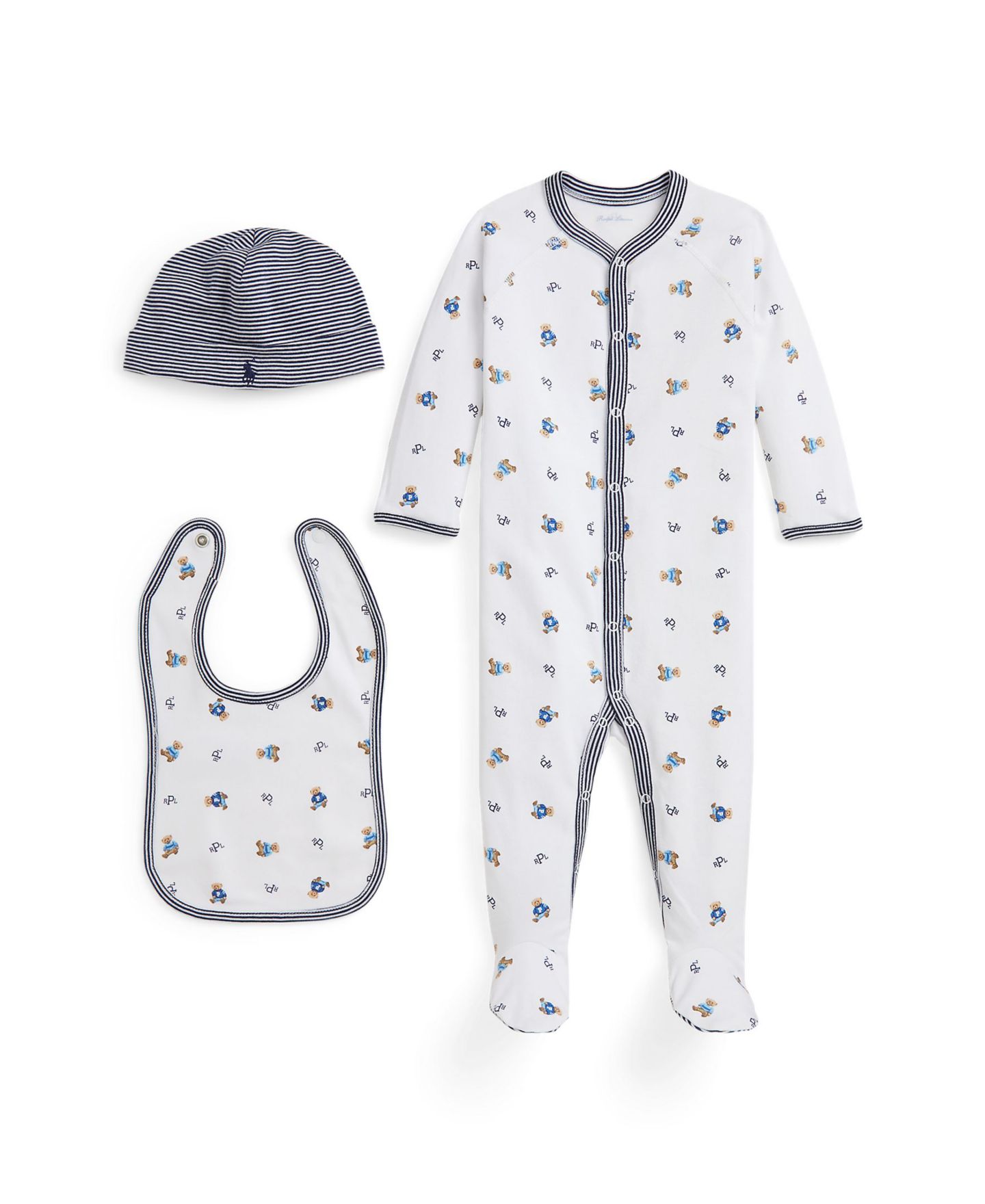 Детский хлопковый подарочный набор Polo Ralph Lauren Polo Bear, 3 предмета, цвет: Белый синий разноцветный — фото 1