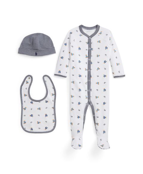 Детский хлопковый подарочный набор Polo Ralph Lauren Polo Bear, 3 предмета, цвет: Белый синий разноцветный