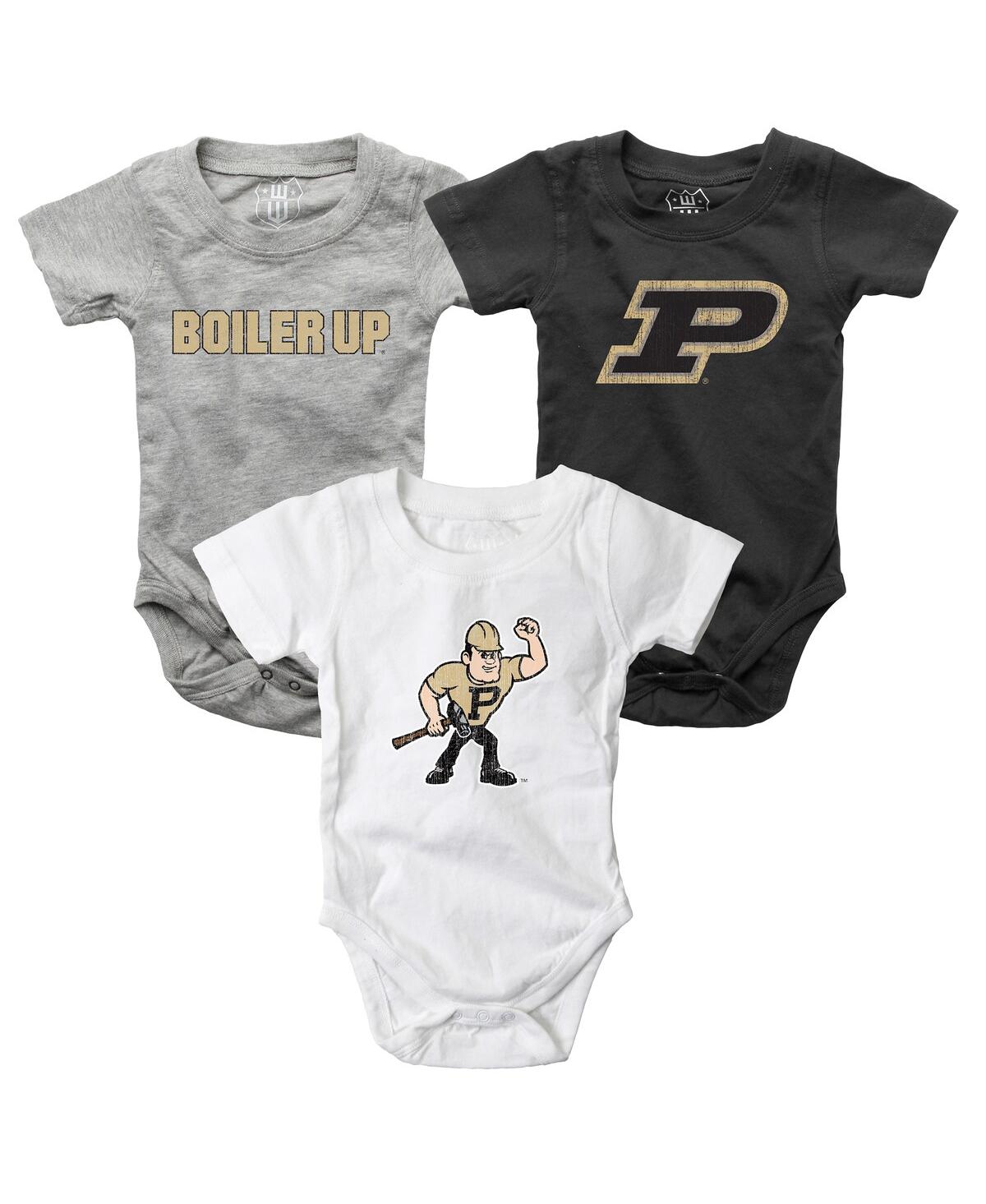 Wes & Willy Baby Boys And Girls 3-pack Charcoal/white/heather Gray Purdue Boilermakers Bodysuit Set In Multi