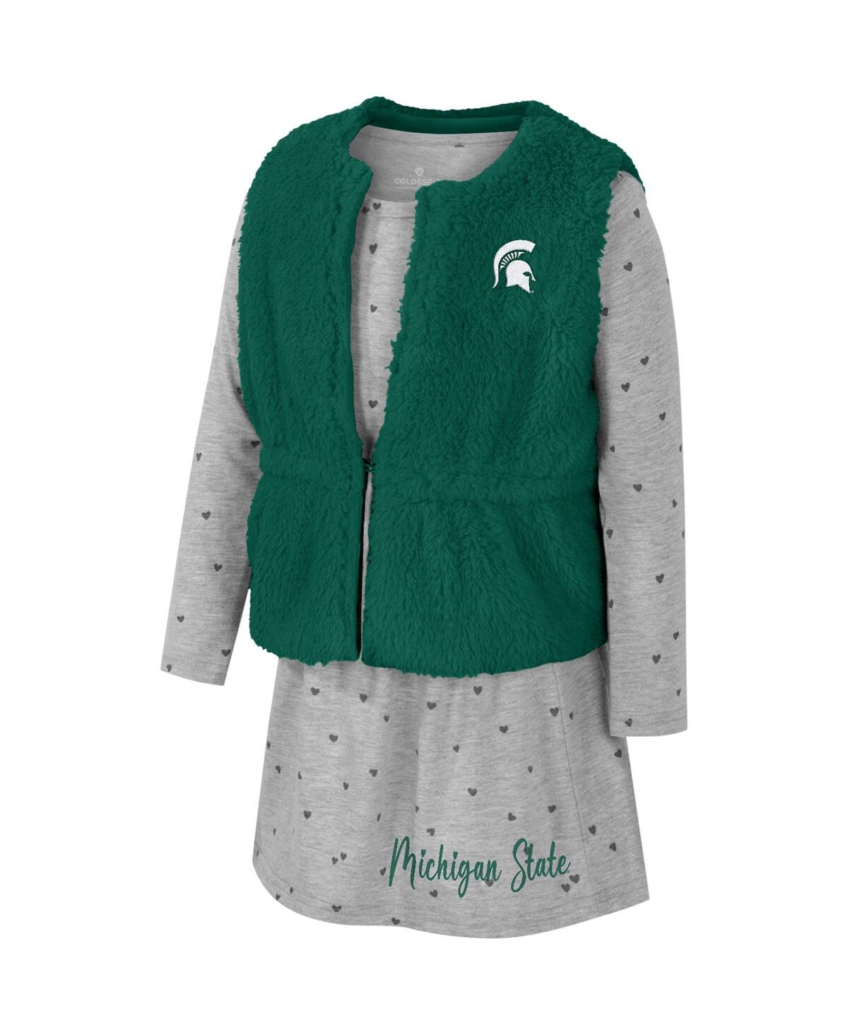Colosseum Girls Toddler Green Michigan State Spartans Meowing Vest Dress Set In Gray