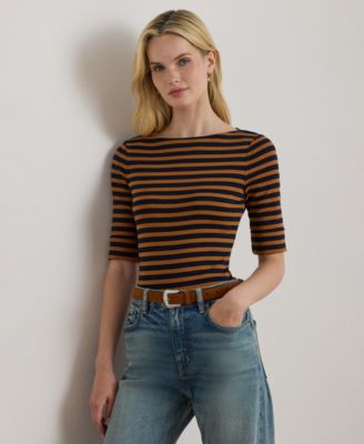 Petite Striped Stretch Cotton Boatneck Tee