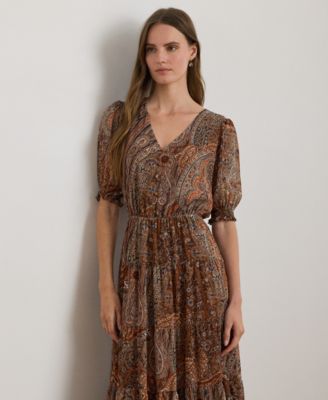 Petite Paisley Belted Crinkle Georgette A-Line Dress