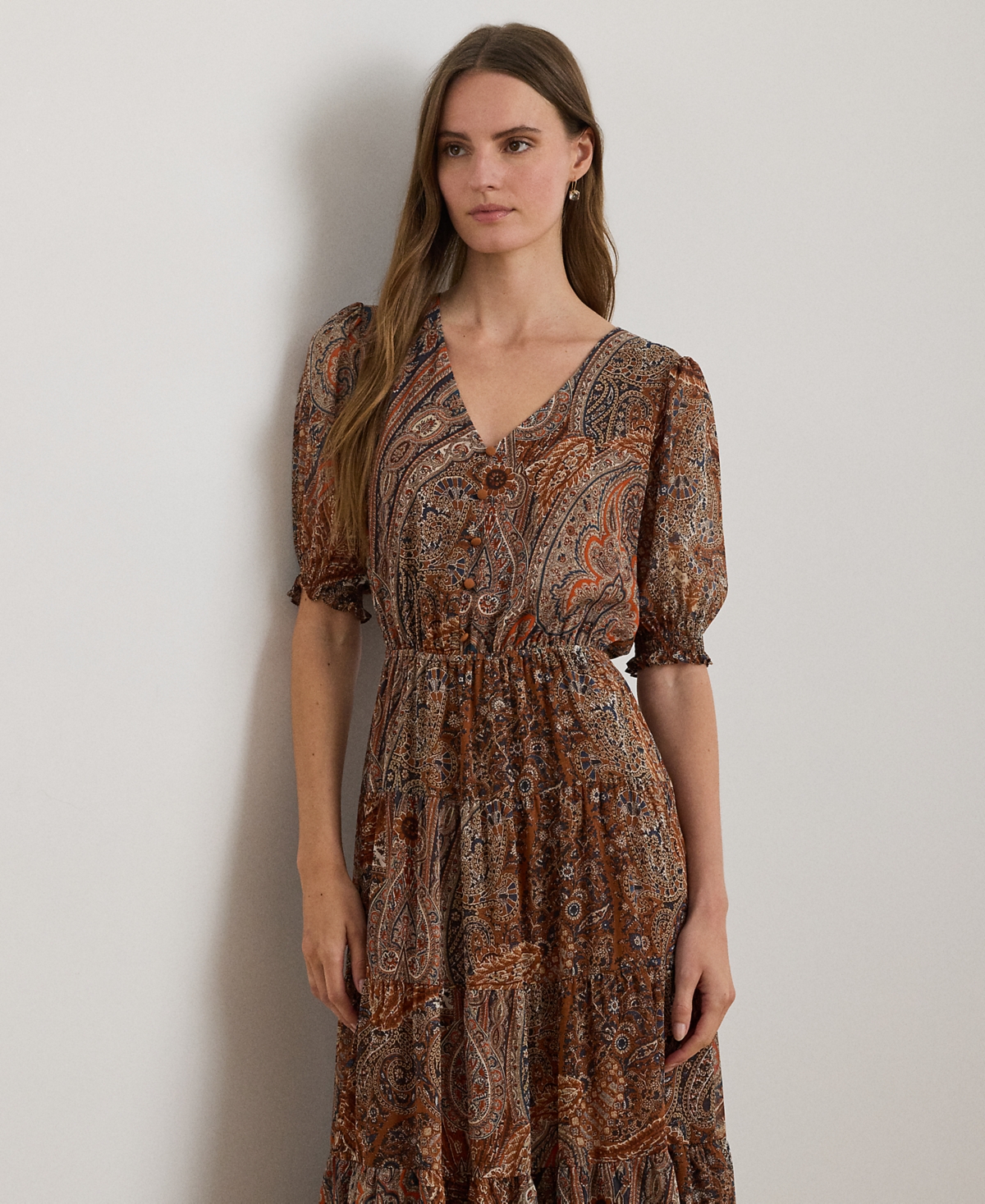 Lauren Ralph Petite Paisley Belted Crinkle Georgette A-Line Dress