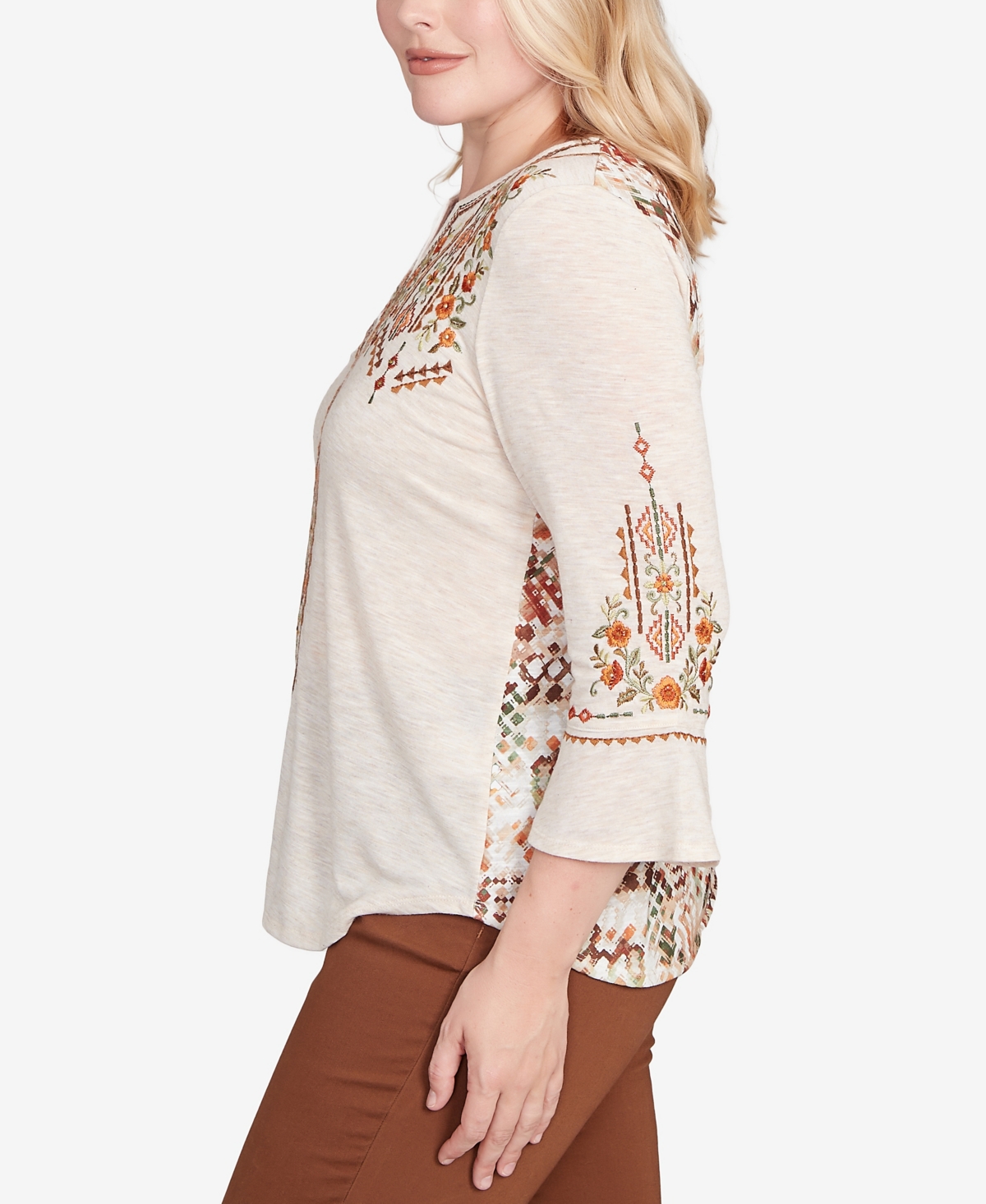 Alfred Dunner Petite Geometric Floral Embroidery Top In Brown