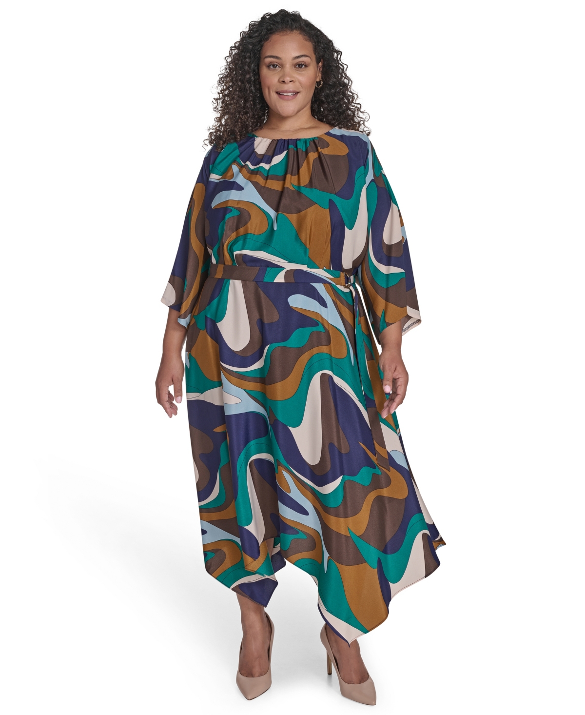 Jessica Howard Plus Size Dolman Sleeve Jewel Neck Belted Dress In Multi