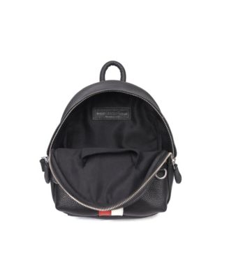 Pebbled Leather Mini Backpack with Red and White Racing Stripe, Front Zipper Pocket, Adjustable Shoulder Straps, and Compact Interior – Stylish Hands-Free Everyday Bag for Women or Teens