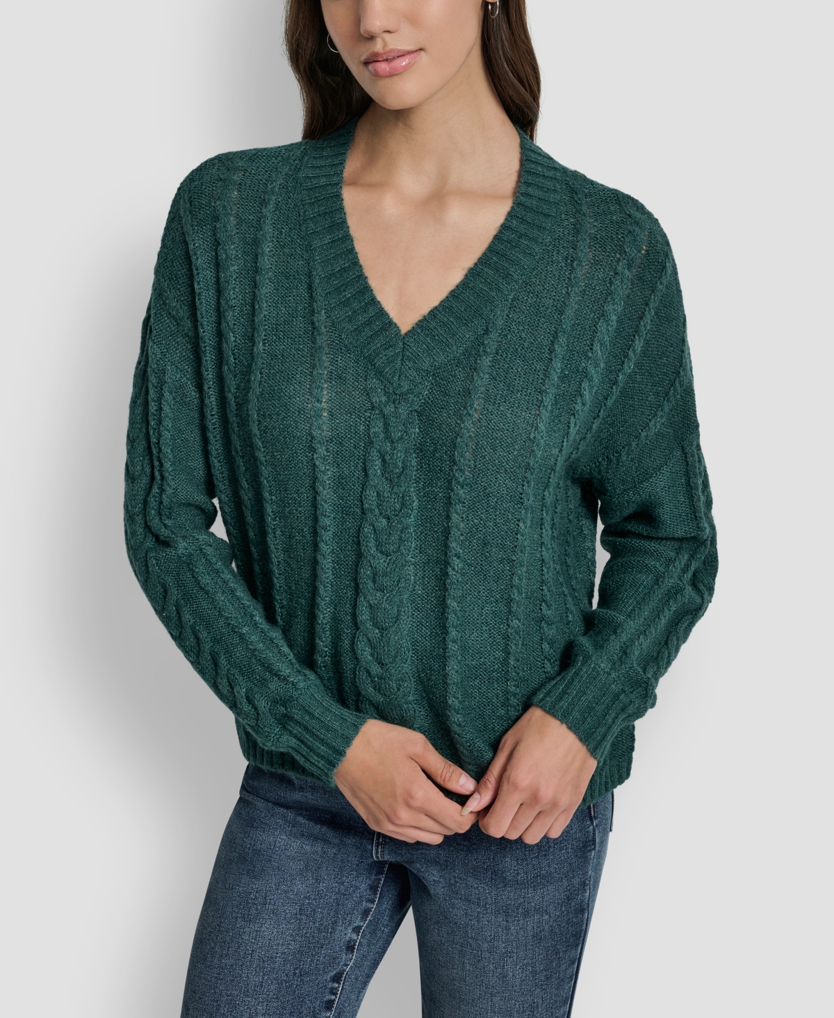 Dkny Jeans Women's V-neck Cable-knit Sweater In Green