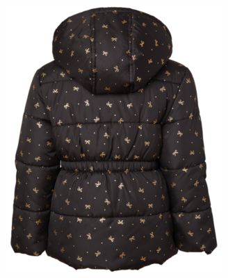 Toddler and Little Girls Foil Bow Puffer Jacket with Beanie