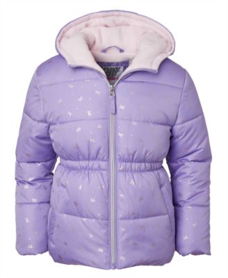 Toddler and Little Girls' Foil Bow Puffer Jacket with Beanie