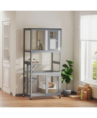 74" Wooden Outdoor Cat House Catio Outdoor Cat Enclosure, Dark