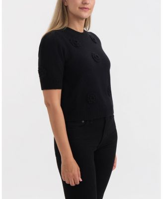 Women's Short Sleeve Sweater with Crochet Flowers