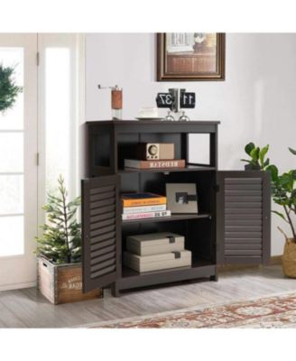 Farmhouse Bathroom Linen Cabinet with Louvered Doors and Open Storage Shelf