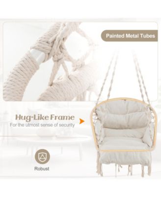 Boho Hanging Chair with Thick Cushion and Macrame Details