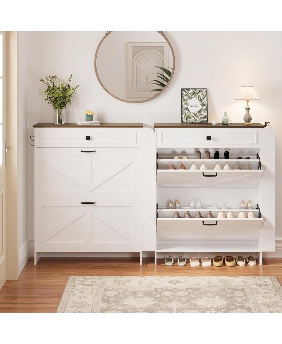 Ironck Shoe Storage Cabinet with 2 Flip Drawers and Barn Door, White/Walnut