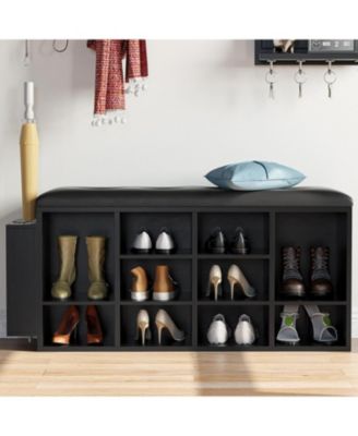 Shoe Bench, Ten Cubbies Storage Entryway Bench with PU Leather, Black